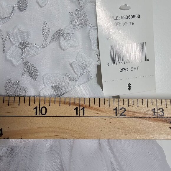 Badgley Mischka Girls White Floral Lace Tulle Dress W/ Satin Bow 2Pc Set Size 8 - Picture 6 of 14